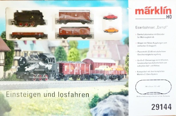 MÄRKLIN 29141 SET - Parní lokomotiva BR 80 039 DB + 3x vůz + 2x osobní automobil + koleje, výhybky + trafo v orig. krabici s návodem TOP STAV NEPOUŽÍVANÉ