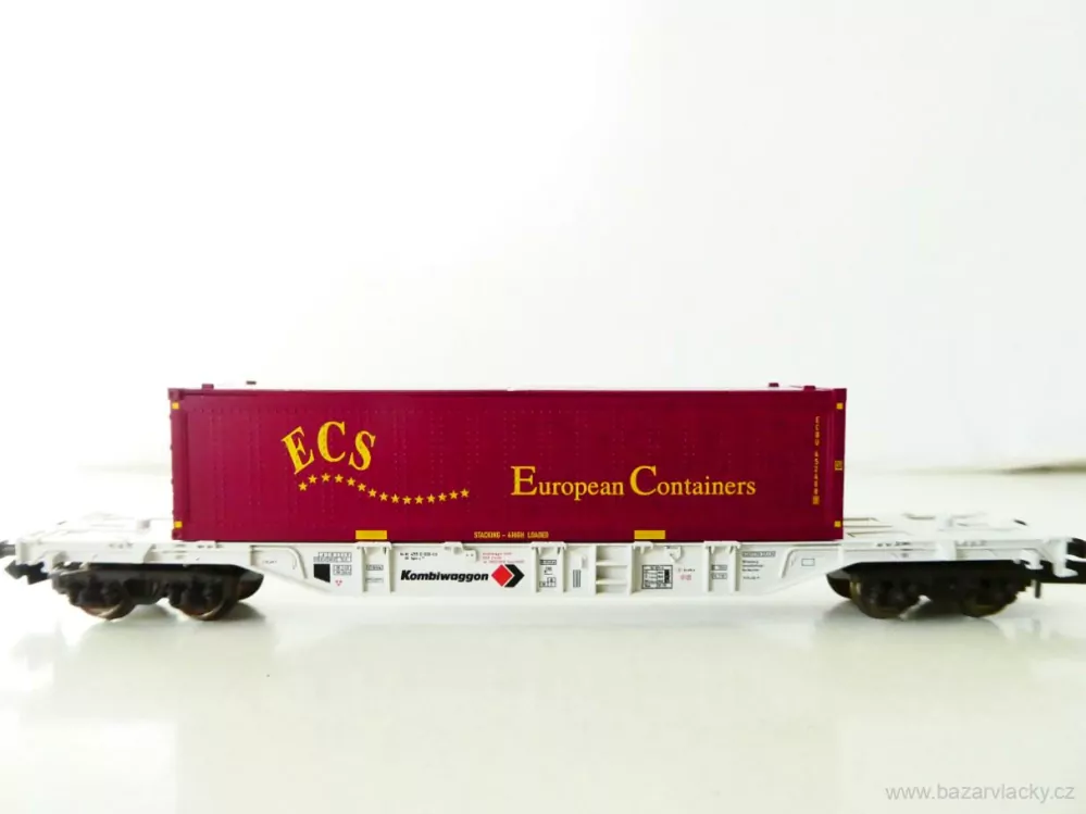 N FLEISCHMANN 8251 K Plošinový vůz 84 80 455 0 030-5 s kontejnerem ECS Leasing-Fahrzeug - Kombiwaggon TOP STAV NEPOUŽITÝ v krabičce