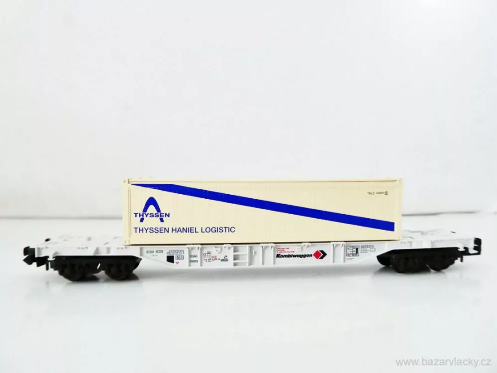 N FLEISCHMANN 8246 K Plošinový kontejnerový vůz 84 80 455 0 028-9 s kontejnerem THYSSEN HANIEL LOGISTIC Leasing-Fahrzeug - Kombiwaggon TOP STAV NEPOUŽITÝ v krabičce