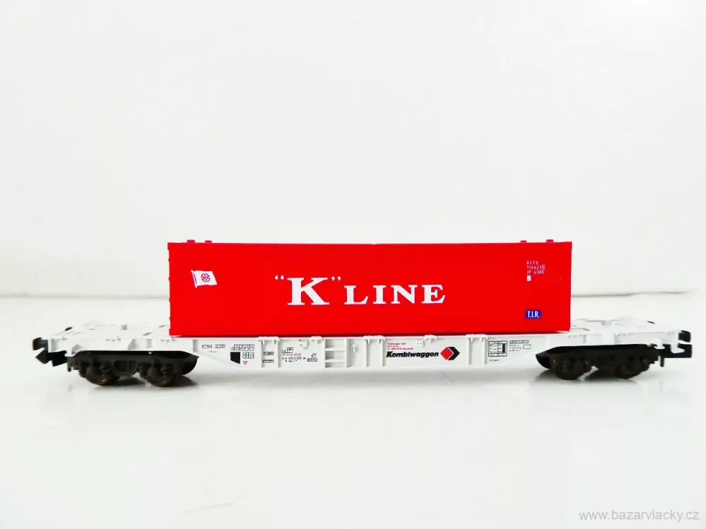 N FLEISCHMANN 8247 K Plošinový kontejnerový vůz 84 80 455 0 025-5 [P] s kontejnerem "K" LINE Leasing-Fahrzeug - Kombiwaggon TOP STAV NEPOUŽITÝ v krabičce