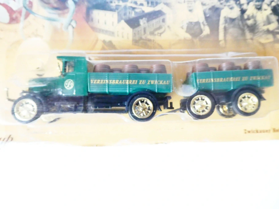 H0 GRELL Nákladní automobil valník s přívěsem Pivovar Mauritius s nákladem sudů NOVÉ orig. zabalené