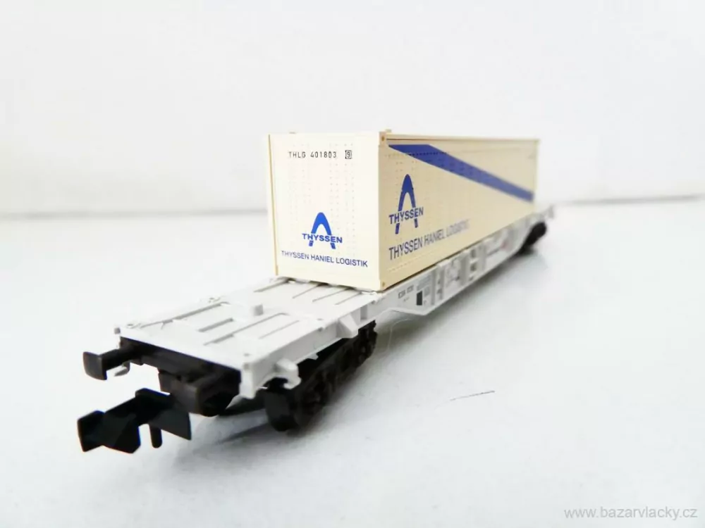 N FLEISCHMANN 8246 K Plošinový kontejnerový vůz 84 80 455 0 028-9 s kontejnerem THYSSEN HANIEL LOGISTIC Leasing-Fahrzeug - Kombiwaggon TOP STAV NEPOUŽITÝ v krabičce