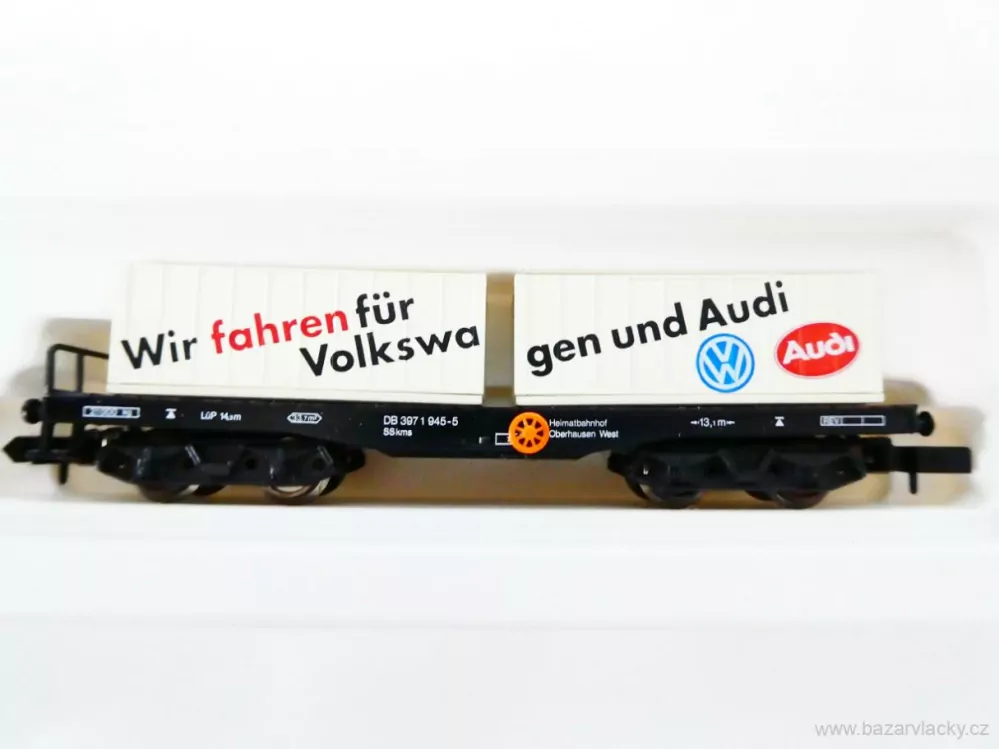N ARNOLD 0252 SET dvou plošinových vozů 397 1 945-5 s nákladem 3 dřevěné bedny a 2 kontejnery Wir fahren für Volkswagen und Audi DB TOP STAV NEPOUŽITÉ v krabičce 