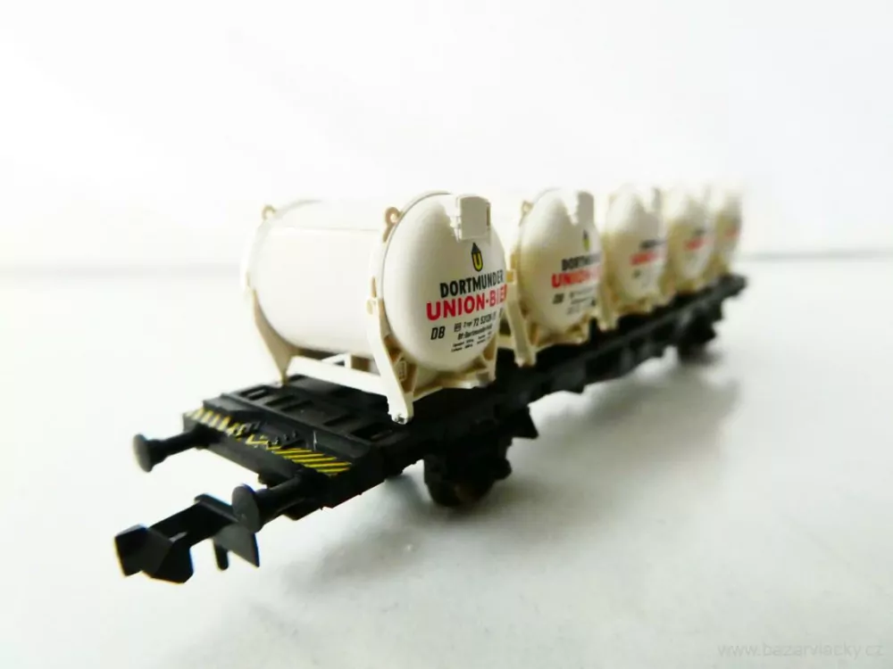N FLEISCHMANN 8232 K Nákladní kontejnerový vůz s 5ti kontejnery DORTMUNDER UNION-BIER 21 80 411 7 793-0 DB TOP STAV NEPOUŽITÝ