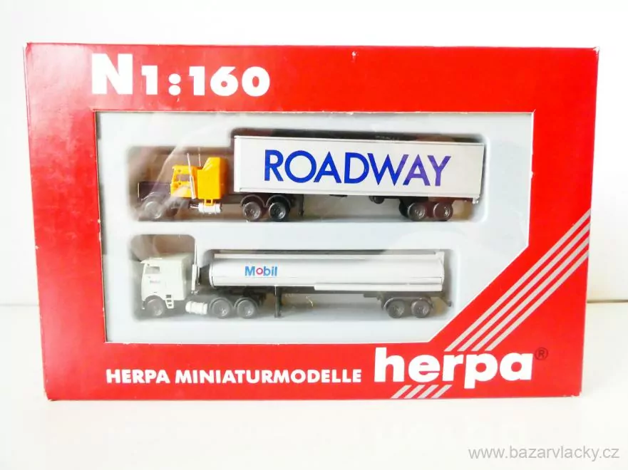 N HERPA 6501 SET 2x Nákladní automobil 1x se skříňovým návěsem ROADWAY a 1x s cisternovým návěsem Mobil TOP STAV NEPOUŽITÝ v krabičce