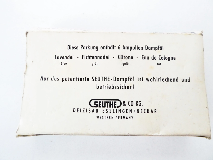 SEUTHE & CO KG. Olej do vyvíječe páry pro parní lokomotivy s vůní levandule a kolínské - 2 AMPULE - NEPOUŽITÉ