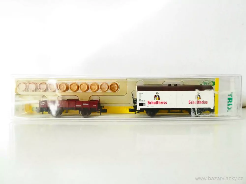 N MINITRIX 15009 SET Chladírenský vůz pivo Schultheiss 23 80 846 6 198-8 [P] a Nízkostěnný nákladní vůz 002 s 10-ti sudy DB TOP STAV NEPOUŽITÝ v krabičce  