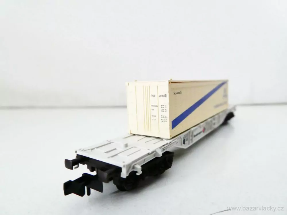 N FLEISCHMANN 8246 K Plošinový kontejnerový vůz 84 80 455 0 028-9 s kontejnerem THYSSEN HANIEL LOGISTIC Leasing-Fahrzeug - Kombiwaggon TOP STAV NEPOUŽITÝ v krabičce