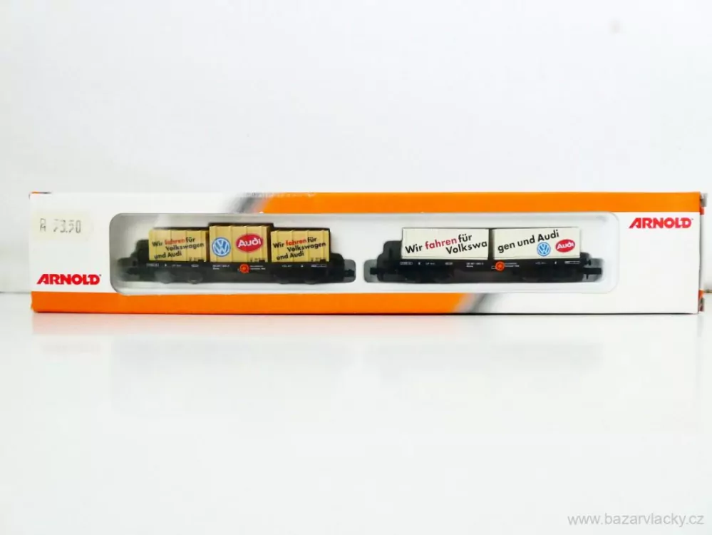 N ARNOLD 0252 SET dvou plošinových vozů 397 1 945-5 s nákladem 3 dřevěné bedny a 2 kontejnery Wir fahren für Volkswagen und Audi DB TOP STAV NEPOUŽITÉ v krabičce 