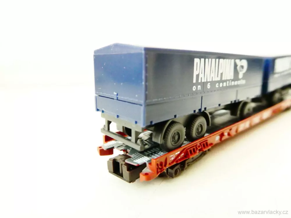 N FLEISCHMANN 8279 Nákladní vůz 8-osý na přepravu automobilů 82 80 4 983 183-1 DB s nákladním automobilem a přívěsem PANALPINA (WIKING) TOP STAV NEPOUŽITÝ v krabičce