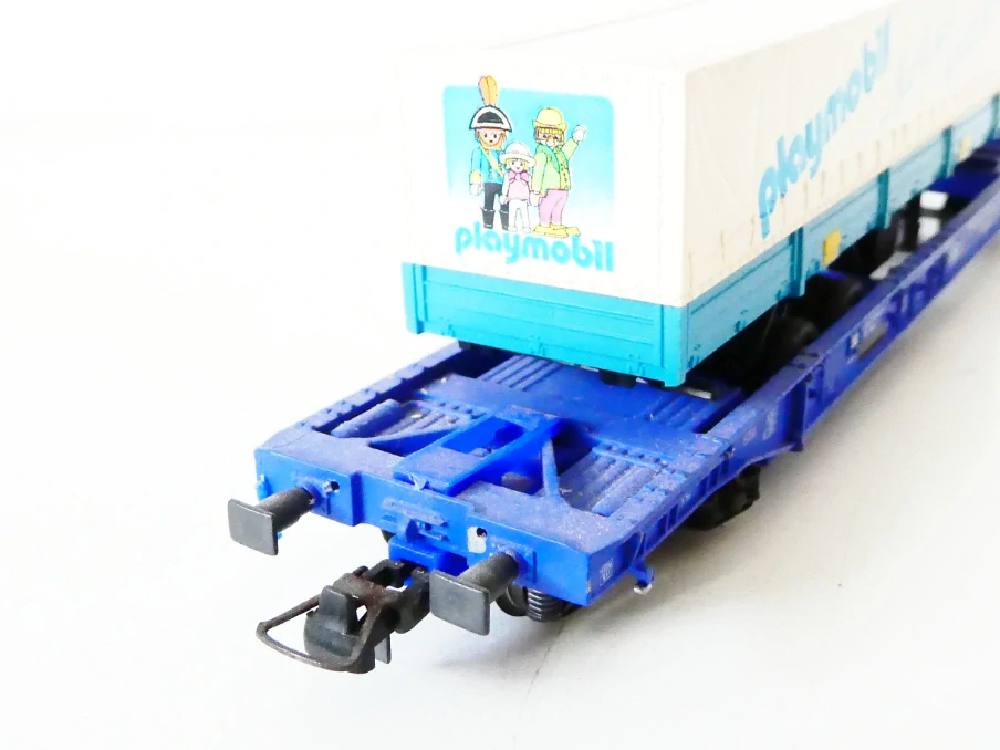 H0 ROCO 48014 Plošinový vůz s automobilovým návěsem Playmobil PĚKNÝ STAV