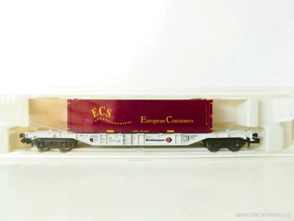 N FLEISCHMANN 8251 K Plošinový vůz 84 80 455 0 030-5 s kontejnerem ECS Leasing-Fahrzeug - Kombiwaggon TOP STAV NEPOUŽITÝ v krabičce