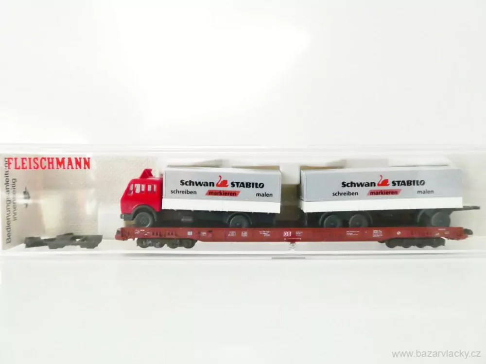 N FLEISCHMANN 8273 Nákladní vůz 8-osý na přepravu automobilů82 81 80 498 3 192-3 DB AG  s nákladním automobilem a přívěsem Schwan STABILO (WIKING) TOP STAV NEPOUŽITÝ v krabičce