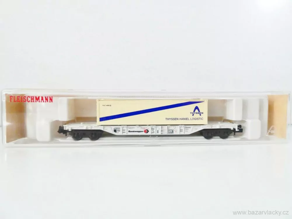 N FLEISCHMANN 8246 K Plošinový kontejnerový vůz 84 80 455 0 028-9 s kontejnerem THYSSEN HANIEL LOGISTIC Leasing-Fahrzeug - Kombiwaggon TOP STAV NEPOUŽITÝ v krabičce