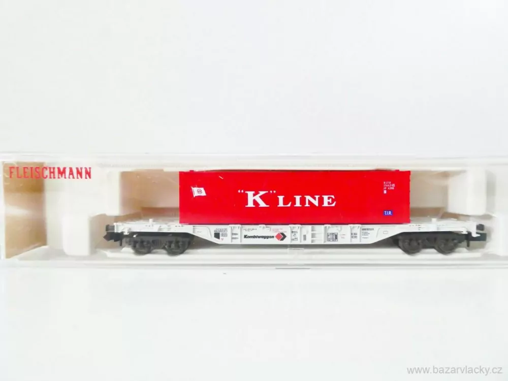 N FLEISCHMANN 8247 K Plošinový kontejnerový vůz 84 80 455 0 025-5 [P] s kontejnerem "K" LINE Leasing-Fahrzeug - Kombiwaggon TOP STAV NEPOUŽITÝ v krabičce