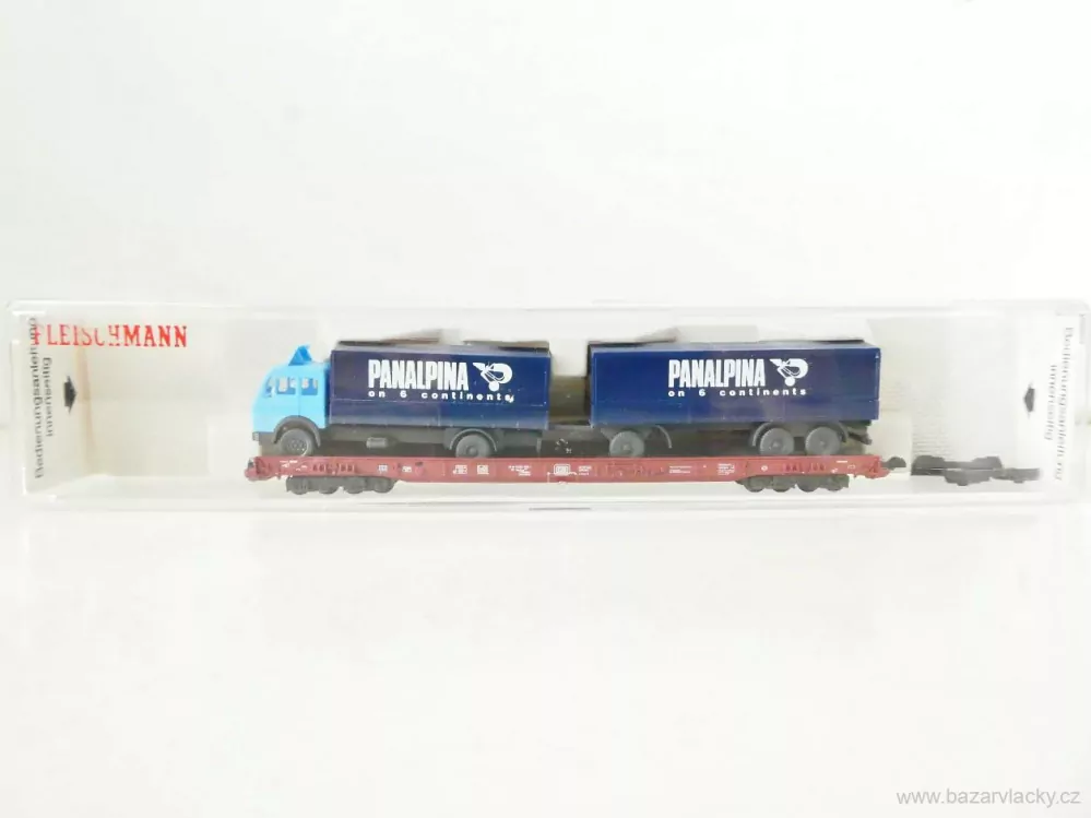 N FLEISCHMANN 8279 Nákladní vůz 8-osý na přepravu automobilů 82 80 4 983 183-1 DB s nákladním automobilem a přívěsem PANALPINA (WIKING) TOP STAV NEPOUŽITÝ v krabičce