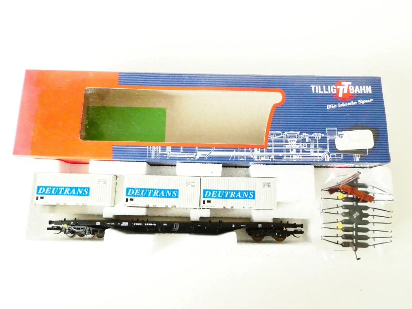 TT TILLIG 15523 Plošinový vůz se třemi kontejnery DEUTRANS 31 50 391 9 650 - 8 TOP STAV nepoužitý v orig. krabičce včetně doplňků