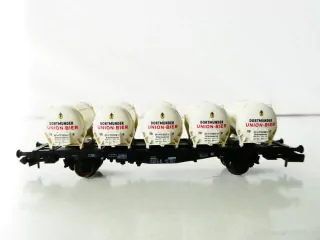 N FLEISCHMANN 8232 K Nákladní kontejnerový vůz s 5ti kontejnery DORTMUNDER UNION-BIER 21 80 411 7 793-0 DB TOP STAV NEPOUŽITÝ