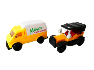 H0 Ferrero SET 2 ks Osobní automobil veterán a Dodávka MARIO´S PIZZA-SERVICE PĚKNÝ STAV
