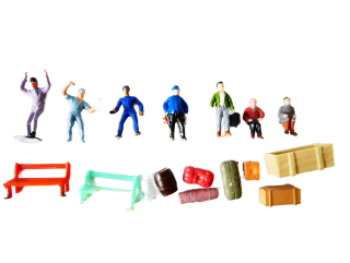 H0 SET Figurky Cestující, drážní personál - 7ks + lavičky, zavazadla, doplňky (vše, co je na foto)
