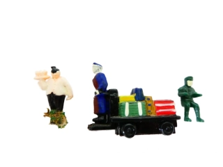 H0 Figurky - SET 3 ks - Vozík s drážním personálem, čísník a sedící figurka